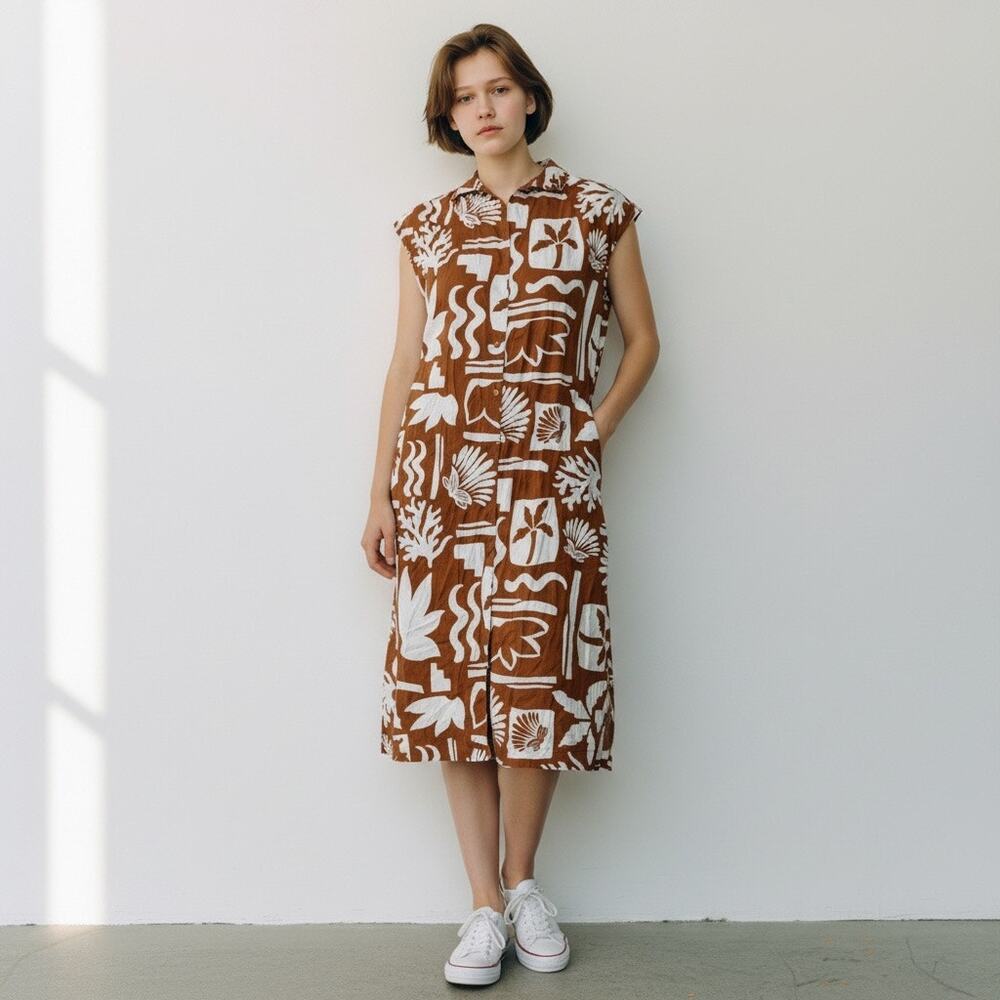 Poetry Linen Short Sleeve Shirt Dress Brown White Plant Print Size S Boho Artsy
